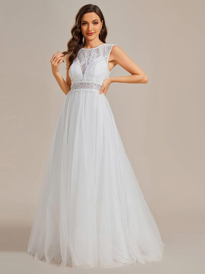 PERESIA'S BRIDE|Sleeveless See-Through Round Neckline Lace Embroidery Wedding Dress