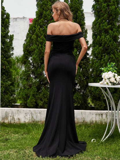 ITALISSE'S BRIDE|Off Shoulder Pleated Mermaid Wedding Dress featuring High Slit