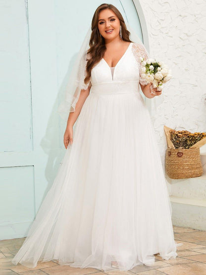 LUSARA'S BRIDE|Dreamy Plus Size V-Neck Lace Short Sleeves Tulle Wedding Dresses