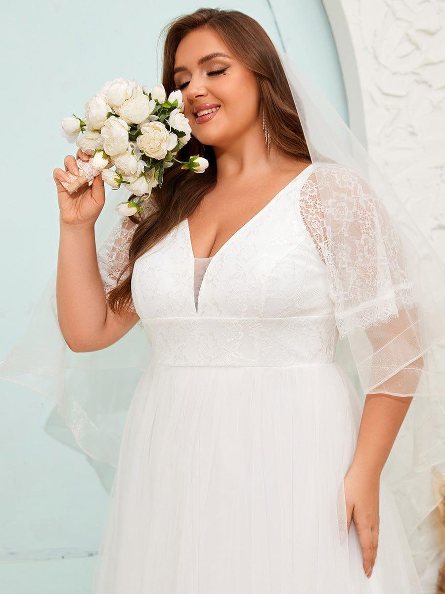 LUSARA'S BRIDE|Dreamy Plus Size V-Neck Lace Short Sleeves Tulle Wedding Dresses