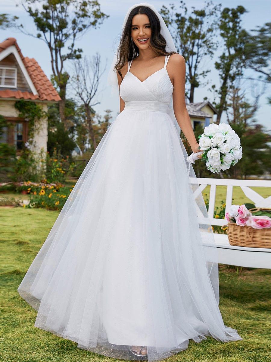 MEILANI'S BRIDE|Delicate Bow Back Spaghetti Strap A-Line Wedding Dress with V-Neck