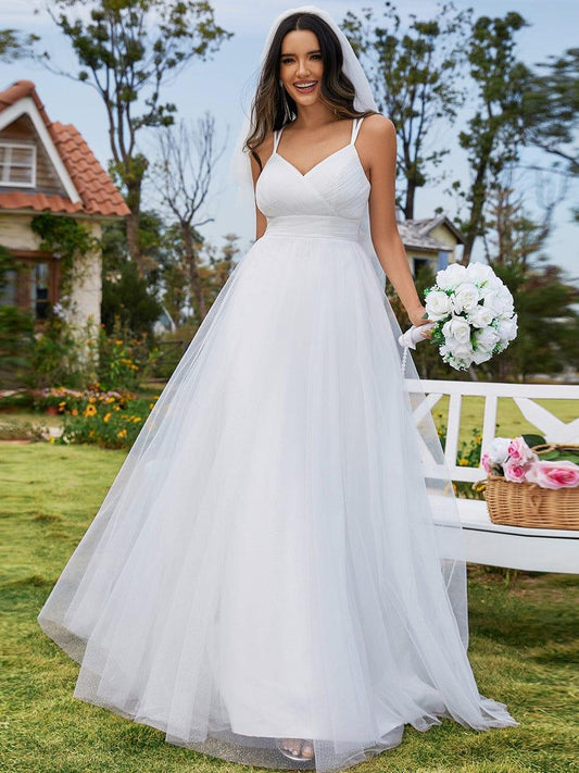 MEILANI'S BRIDE|Delicate Bow Back Spaghetti Strap A-Line Wedding Dress with V-Neck