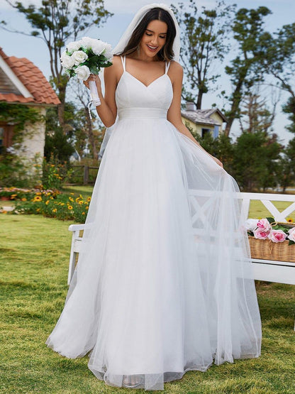 MEILANI'S BRIDE|Delicate Bow Back Spaghetti Strap A-Line Wedding Dress with V-Neck