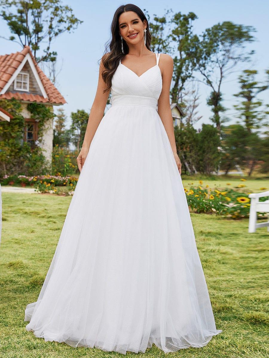 MEILANI'S BRIDE|Delicate Bow Back Spaghetti Strap A-Line Wedding Dress with V-Neck