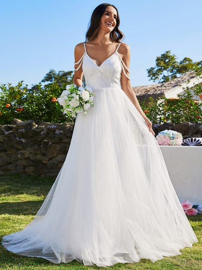 BRAZIA'S BRIDE|A-Line Pearl Spaghetti Strap Embroidered Tulle Wedding Dress with V-Neck