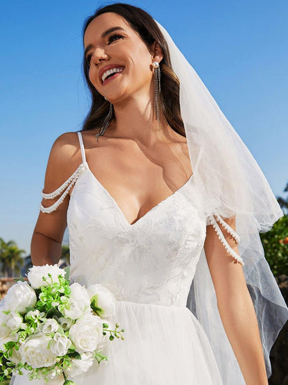 BRAZIA'S BRIDE|A-Line Pearl Spaghetti Strap Embroidered Tulle Wedding Dress with V-Neck