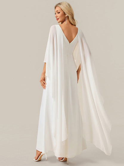 Deep V-Neck Satin Shawl Sleeve Wedding Dress