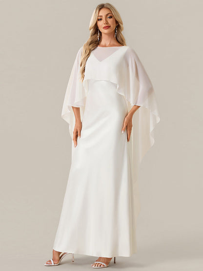 Deep V-Neck Satin Shawl Sleeve Wedding Dress