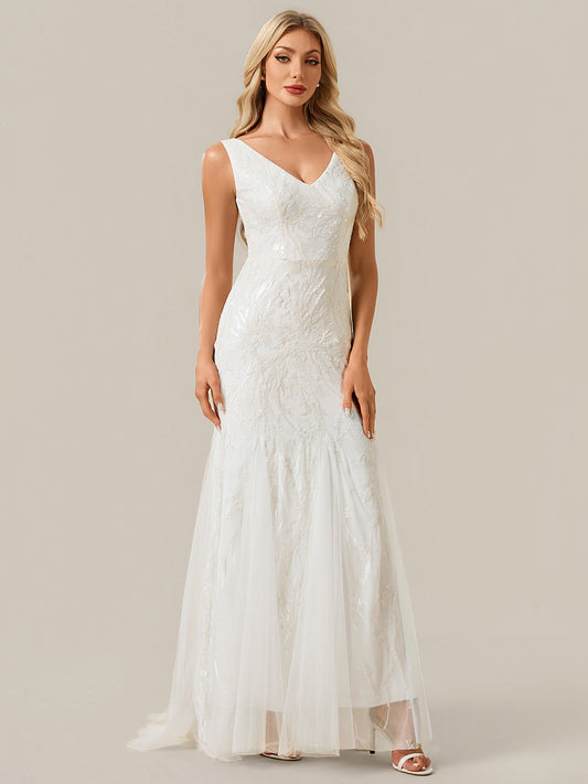 Patchwork Sequin Sleeveless Wedding Dress