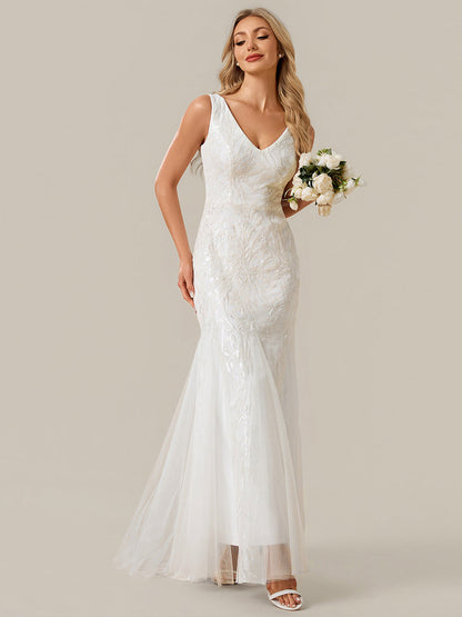 Patchwork Sequin Sleeveless Wedding Dress