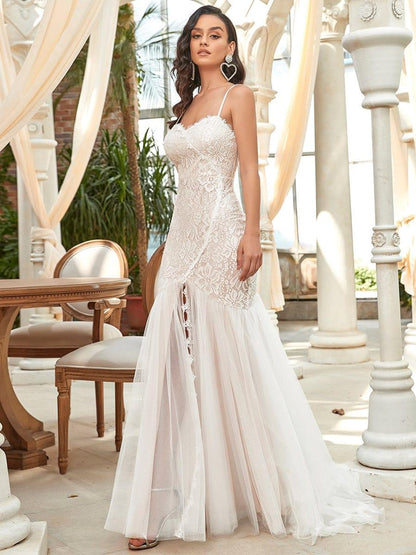 ORCELLA'S BRIDE|Spaghetti Strap Lace Backless Long Fishtail Wedding Dress