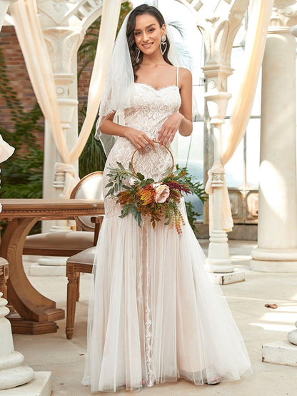 ORCELLA'S BRIDE|Spaghetti Strap Lace Backless Long Fishtail Wedding Dress