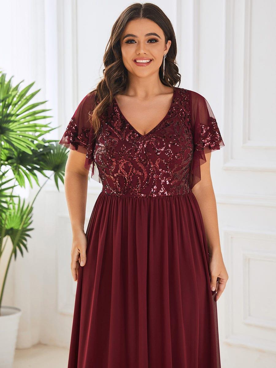 ever HAZEL|Elegant V-Neck Sequin A-Line Short Sleeves Chiffon Midi Formal Dress