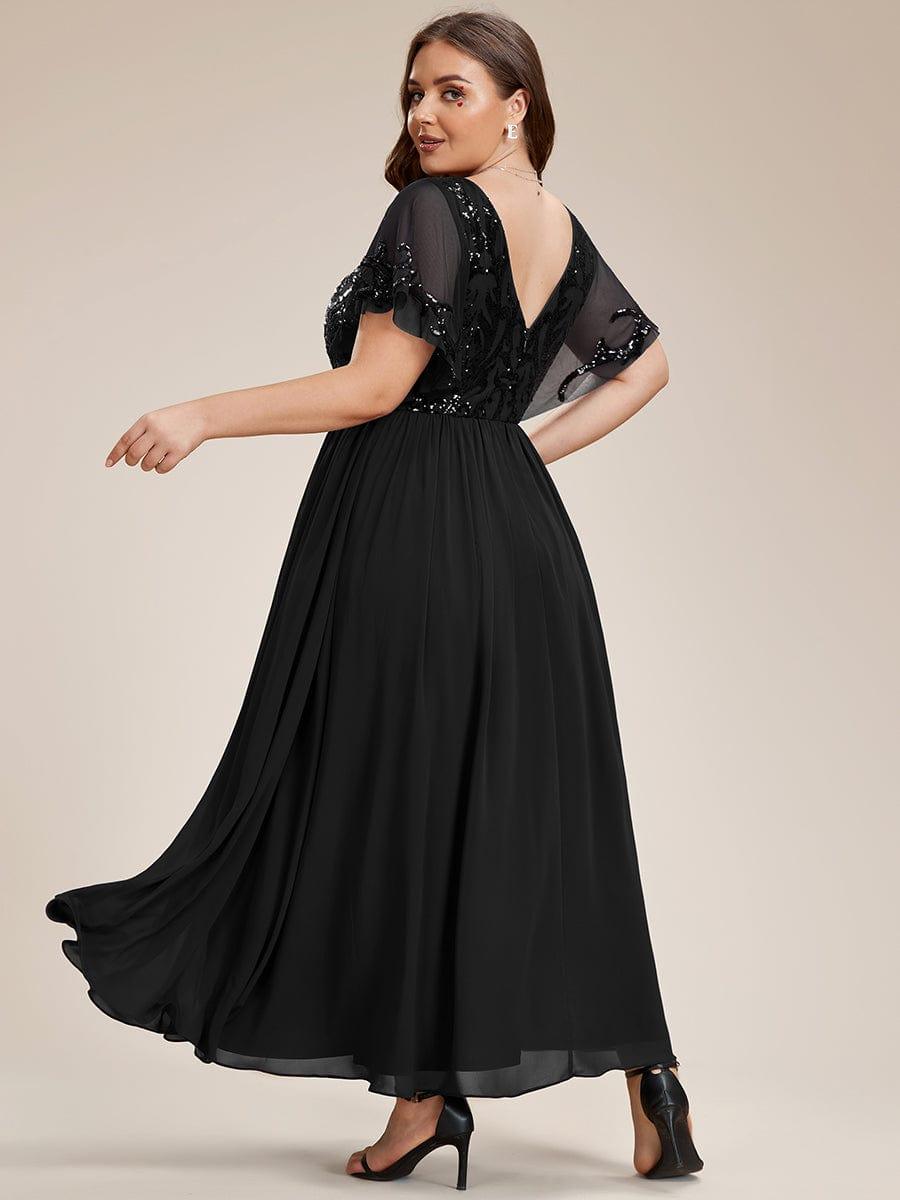 ever HAZEL|Elegant V-Neck Sequin A-Line Short Sleeves Chiffon Midi Formal Dress