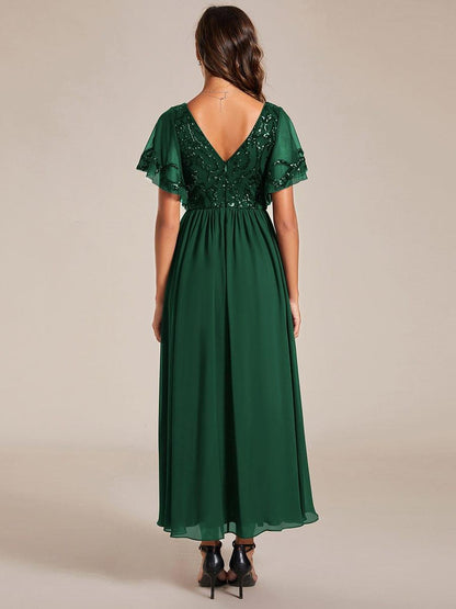 ever HAZEL|Elegant V-Neck Sequin A-Line Short Sleeves Chiffon Midi Formal Dress
