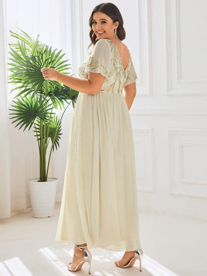 pretty HAZEL|Plus Size V-Neck Short Sleeve Sequin Bodice Mother of the Bride Dress