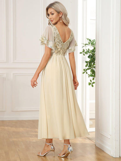 ever HAZEL|Elegant V-Neck Sequin A-Line Short Sleeves Chiffon Midi Formal Dress