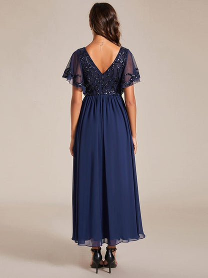 ever HAZEL|Elegant V-Neck Sequin A-Line Short Sleeves Chiffon Midi Formal Dress