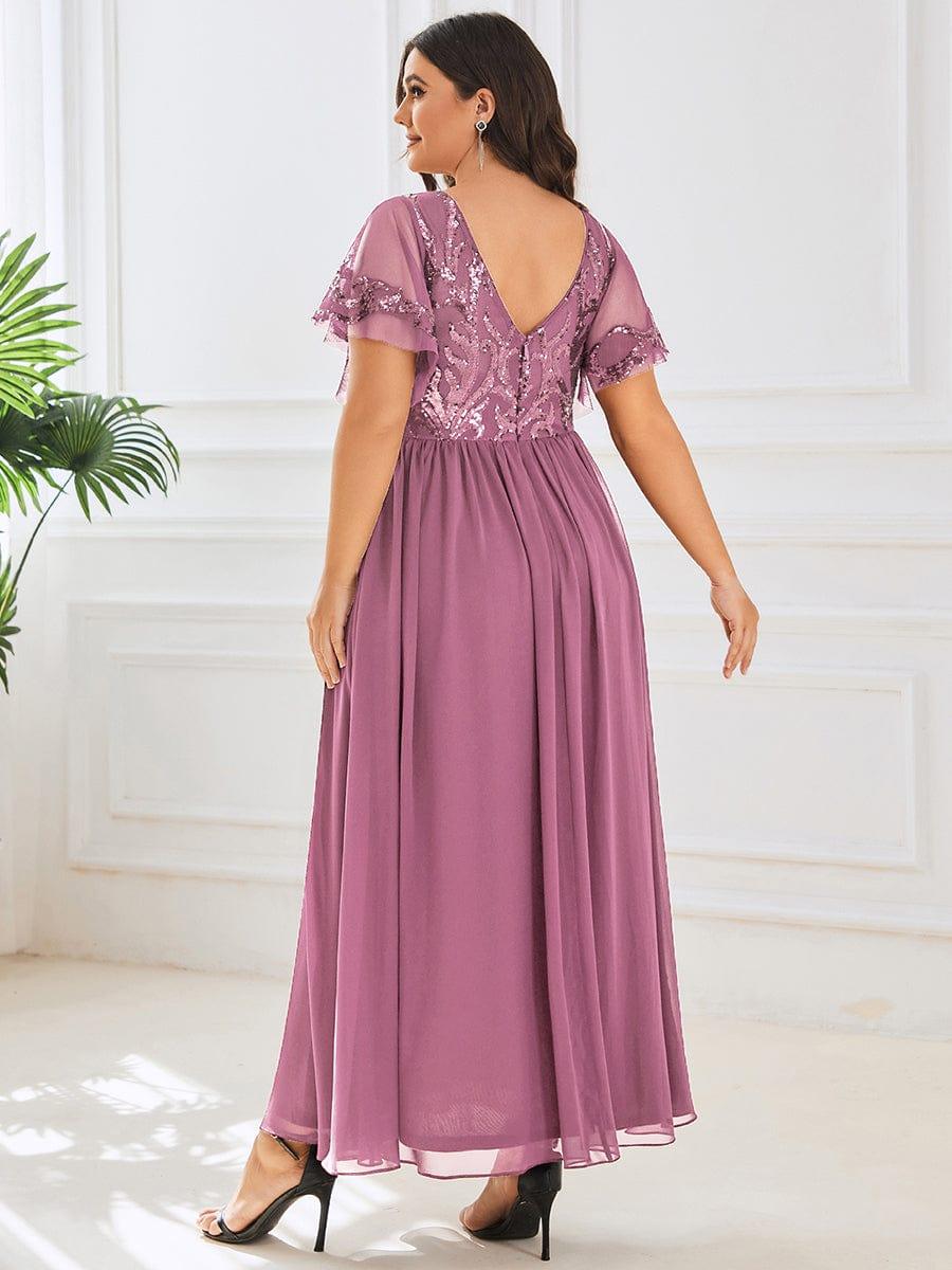pretty HAZEL|Plus Size V-Neck Short Sleeve Sequin Bodice Mother of the Bride Dress