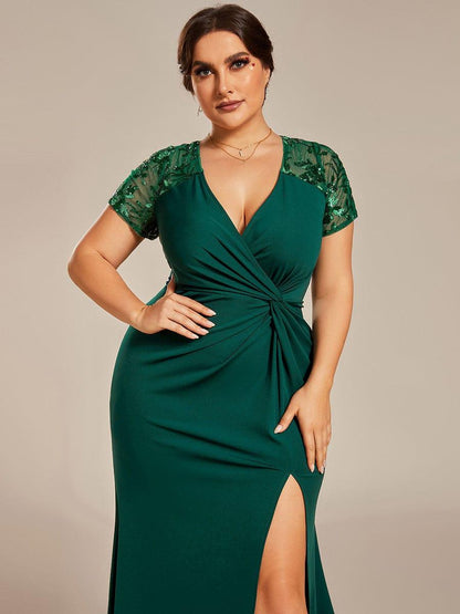 Deep V-Neck Sequin Short Sleeve High Side Front Slit Mother of the Bride Dresses