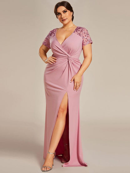 pretty GILDED|Plus Size Front Slit Short Sleeve With Sequin Mother of the Bride Dresses
