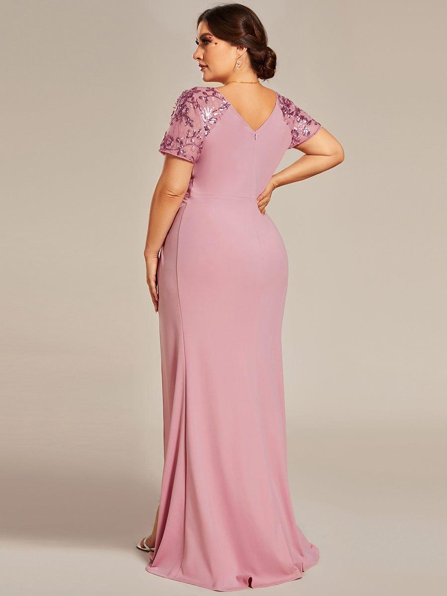 pretty GILDED|Plus Size Front Slit Short Sleeve With Sequin Mother of the Bride Dresses