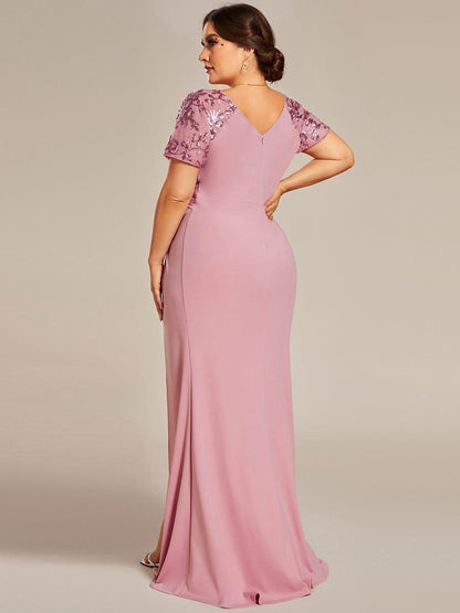 pretty GILDED|Plus Size Front Slit Short Sleeve With Sequin Mother of the Bride Dresses