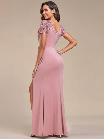 Deep V-Neck Sequin Short Sleeve High Side Front Slit Mother of the Bride Dresses