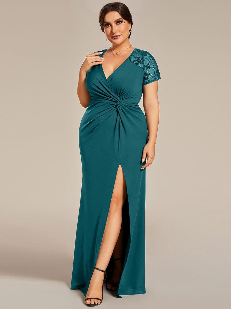 pretty GILDED|Plus Size Front Slit Short Sleeve With Sequin Mother of the Bride Dresses