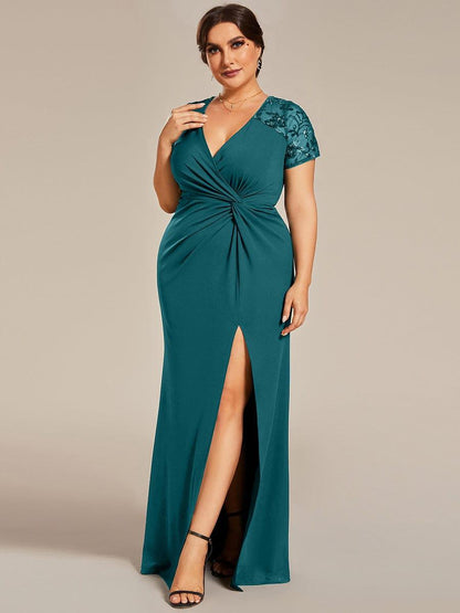 pretty GILDED|Plus Size Front Slit Short Sleeve With Sequin Mother of the Bride Dresses