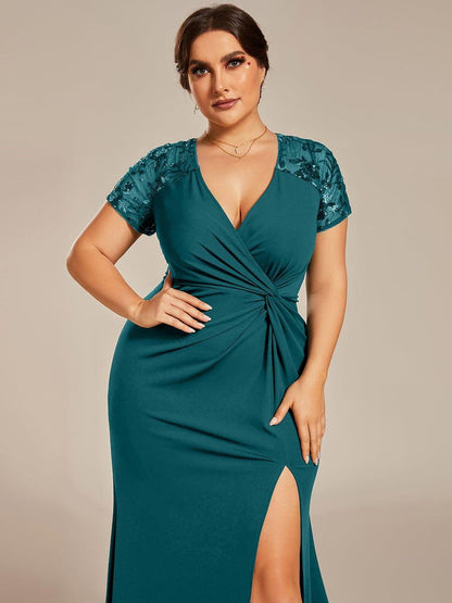 pretty GILDED|Plus Size Front Slit Short Sleeve With Sequin Mother of the Bride Dresses