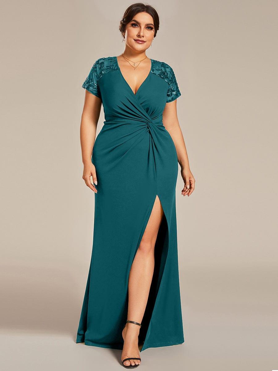 pretty GILDED|Plus Size Front Slit Short Sleeve With Sequin Mother of the Bride Dresses