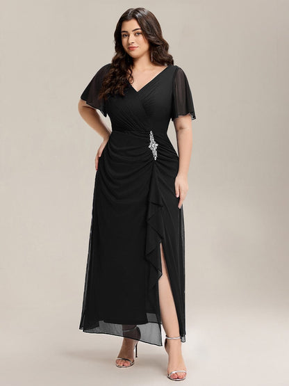 pretty MARIEL|Plus Size Rhinestone Embellished Chiffon Ruffle Sleeve Dress