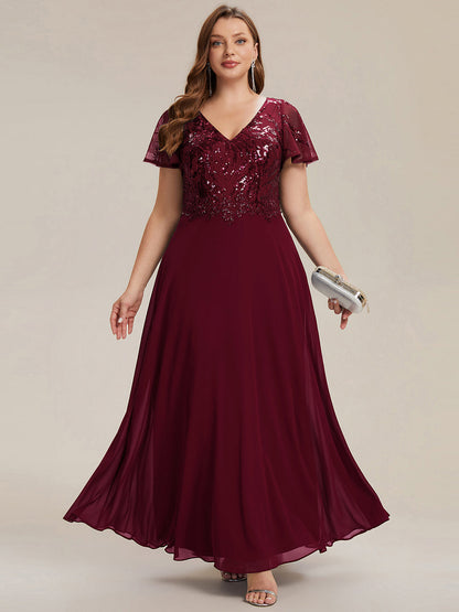 Applique Sequin Ruffle Sleeve Mother of the Bride Dress