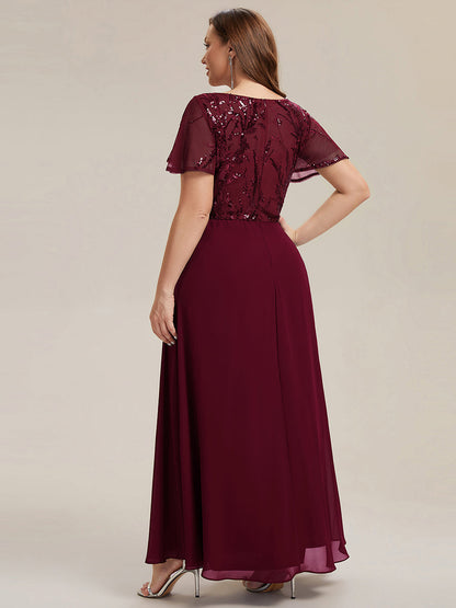 Applique Sequin Ruffle Sleeve Mother of the Bride Dress