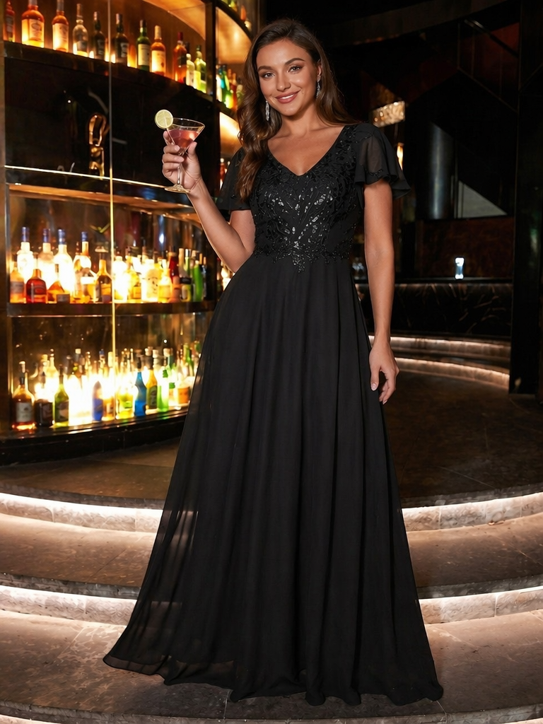 Applique Sequin Ruffle Sleeve Mother of the Bride Dress
