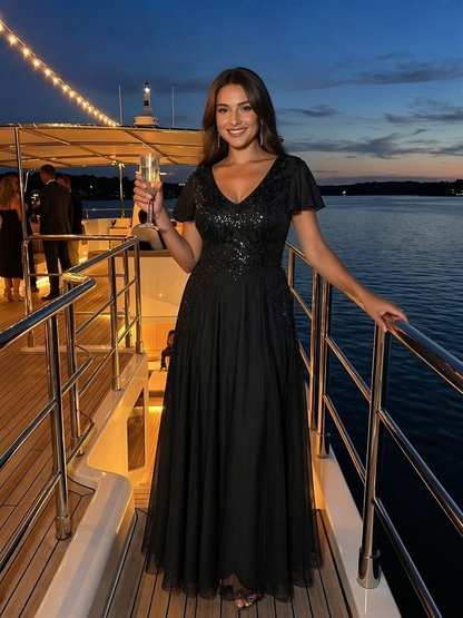 Applique Sequin Ruffle Sleeve Mother of the Bride Dress