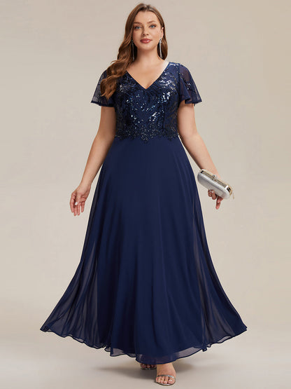 Applique Sequin Ruffle Sleeve Mother of the Bride Dress