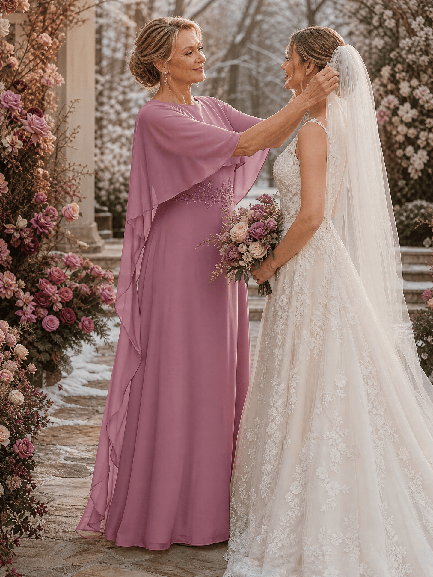 Chiffon Cape Sleeve A-Line Mother of the Bride Dress