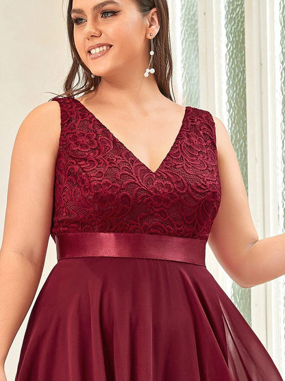 ever COSTA|Deep V-Neck Lace Chiffon Bridesmaid Dress with Asymmetrical Hem