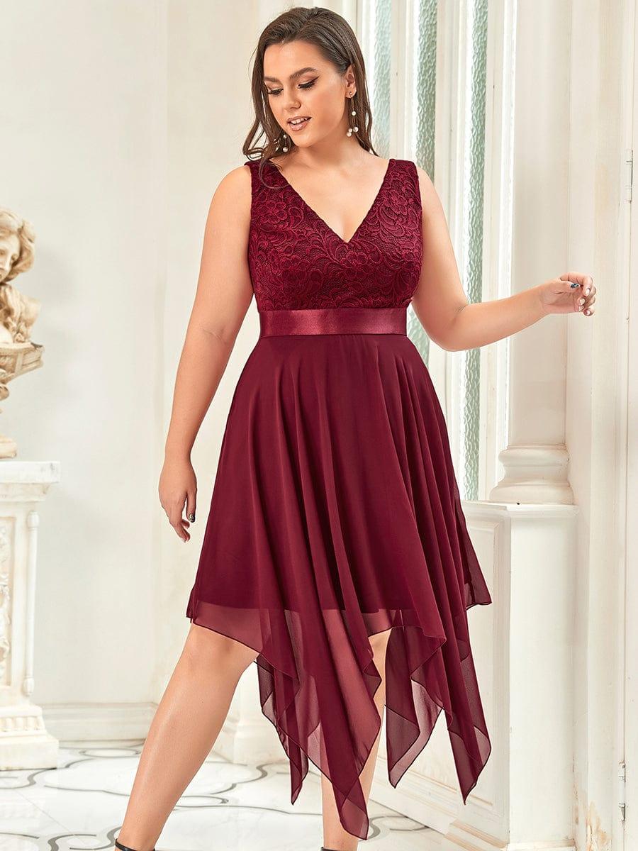 ever COSTA|Deep V-Neck Lace Chiffon Bridesmaid Dress with Asymmetrical Hem