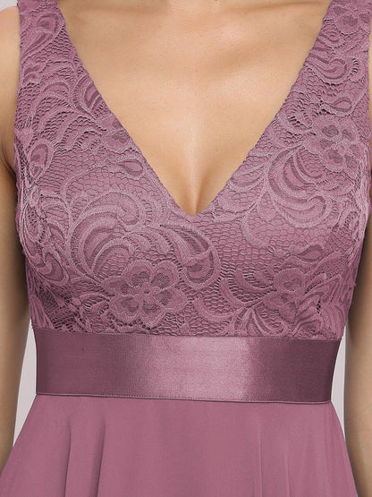 ever COSTA|Deep V-Neck Lace Chiffon Bridesmaid Dress with Asymmetrical Hem