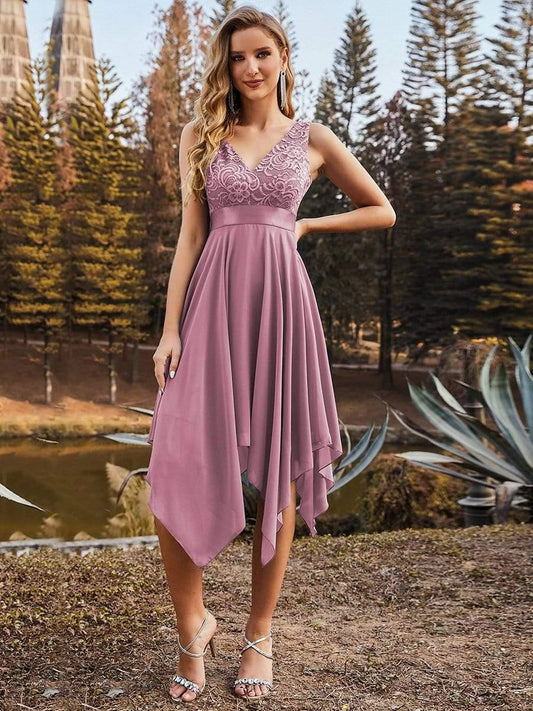 ever COSTA|Stunning V Neck Lace Dress with Asymmetrical Hems