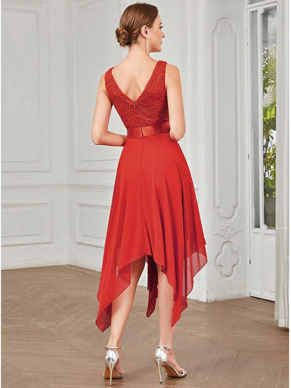 ever COSTA|Stunning V Neck Lace Dress with Asymmetrical Hems