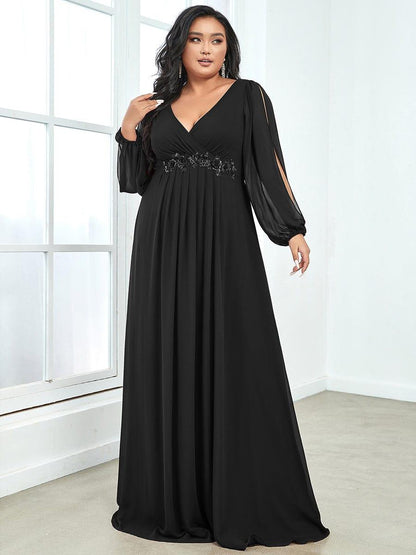 ever AMOUR|Elegant Chiffon V-Neckline Long Sleeve Formal Evening Dress