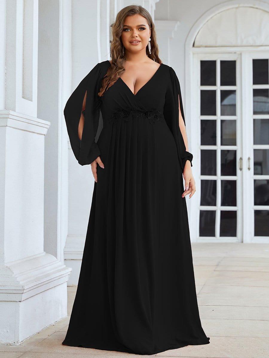 ever AMOUR|Elegant Chiffon V-Neckline Long Sleeve Formal Evening Dress