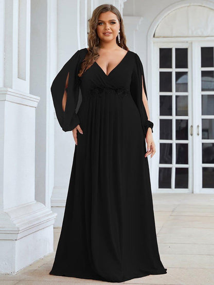 ever AMOUR|Elegant Chiffon V-Neckline Long Sleeve Wedding Guest Dress