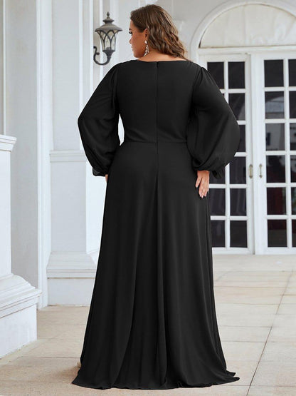 ever AMOUR|Elegant Chiffon V-Neckline Long Sleeve Formal Evening Dress