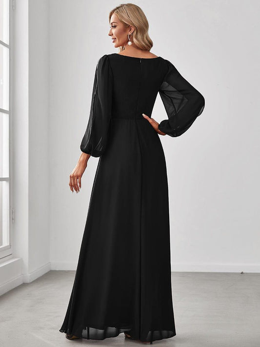 ever AMOUR|Elegant Chiffon V-Neckline Long Sleeve Wedding Guest Dress
