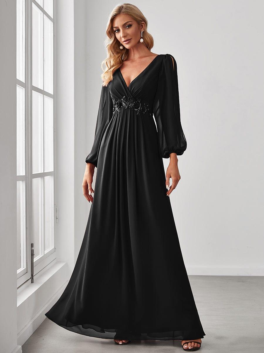 ever AMOUR|Elegant Chiffon V-Neckline Long Sleeve Formal Evening Dress